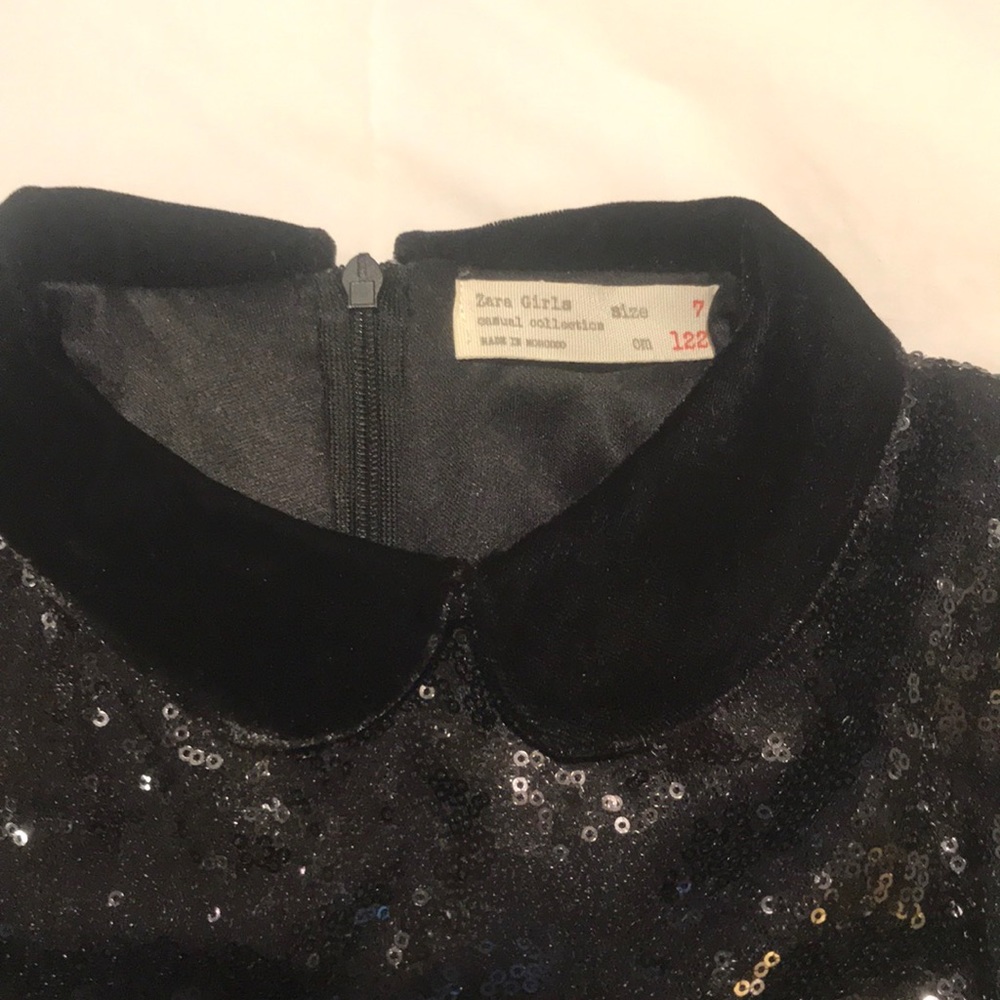Zara girls black sequin dress w/ velvet collar
